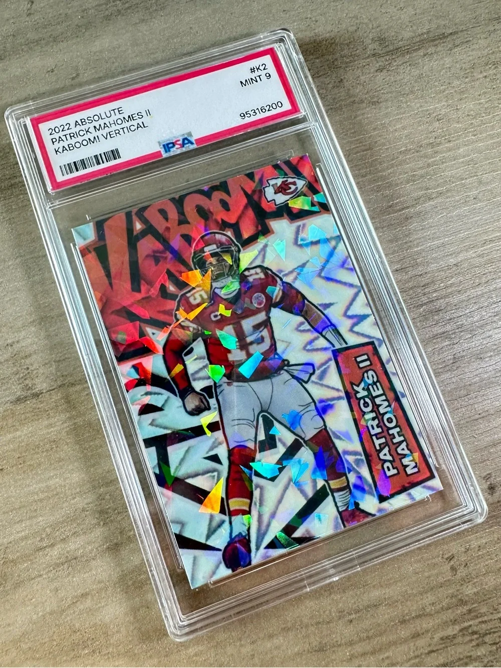 Patrick Mahomes 2022 Panini Kaboom #K2 Holo Mint 9 Novelty Football Card.